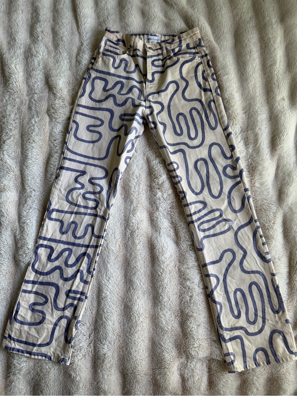 Zara Cream Flare Pants with Blue Abstract Print